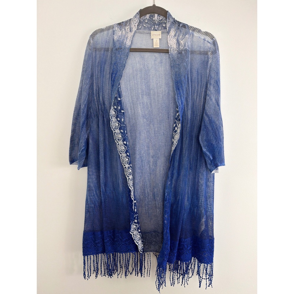 Chico's Kimono Size 3 / XL Blue Ombre Lace Fringe Open Knit Linen Cotton Coastal